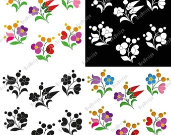 Downloadable 2x24 Pieces Freehand Hungarian Kalocsa 6 Motifs Set – Coloured, Flat, Black, and White Motifs – Collection 02 | PNG Folk Art