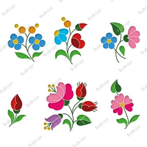 Puede incluir: Seis diseños florales coloridos sobre fondo blanco. Las flores se representan en azul, rojo, rosa y morado, con hojas y tallos verdes. Los diseños son de estilo plano y gráfico.