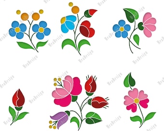 Downloadable 2x24 Pieces Freehand Hungarian Kalocsa 6 Motifs Set – Coloured, Flat, Black, and White Motifs – Collection 01 | PNG Folk Art