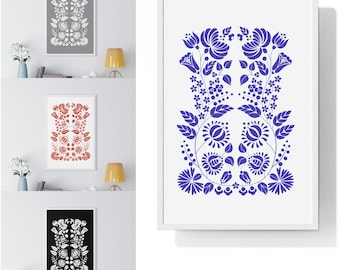 Printable Hungarian Kalocsa Pattern – Red, Blue, Grey, Black, and White Motifs | PNG Folk Art
