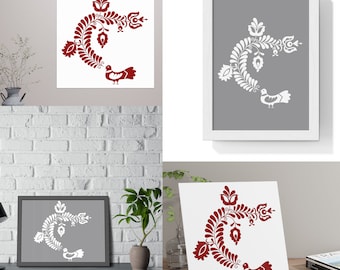 Printable Freehand Hungarian Folk Art Pattern – Red, Blue, Black, White Patterns Inspired by Hungarian Folk Tales | PNG Folk Art