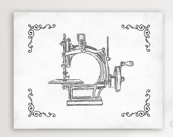 Sewing Machine Outline # 3 Art Print by Artist Dan Morris, Watercolor, Two Color Options, Option to Mount, Vintage Sewing Machine, Line Art