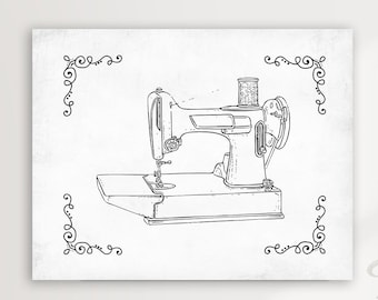 Sewing Machine Outline # 4 Art Print by Artist Dan Morris, Watercolor, Two Color Options, Option to Mount, Vintage Sewing Machine, Line Art