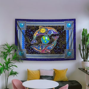 Tapestry, Dolphin Celestial Coastal Tapestry Wall Hanging by Artist Dan Morris, Night and Day Dolphins, Choose size, soft, washable fabric