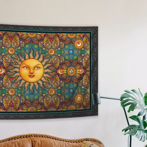 Sun Tapestry, 3D Sun Moon Celestial Tapestry Wall Hanging by Artist Dan Morris, 3D glasses, Choose size, soft, washable fabric, ©Dan Morris