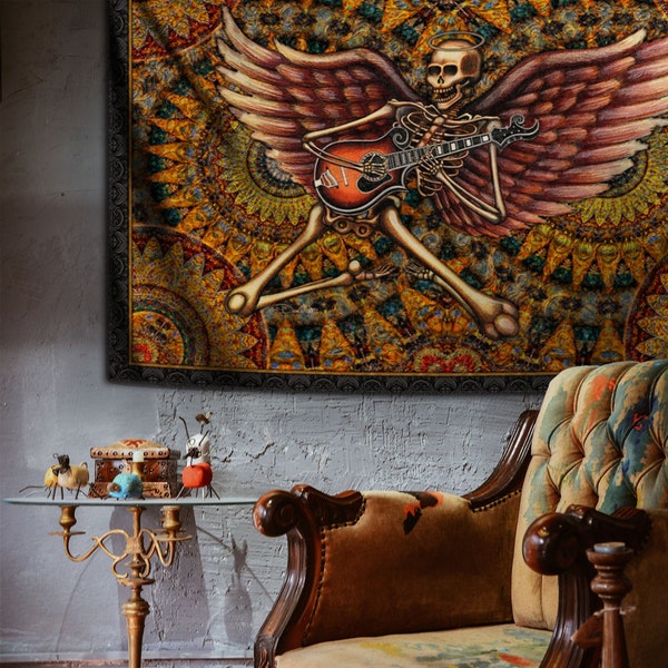 Tapestry, Skeleton Guitar Tapestry Wall Hanging, Choose size, by Artist Dan Morris, soft, "Not Fade Away", washable fabric, ©Dan Morris