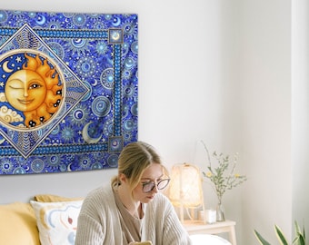 Sun Moon Celestial Tapestry Wall Hanging, by Dan Morris "Twilight", Choose size, dorm room, beach house, soft, washable fabric, ©Dan Morris