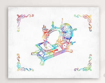 Sewing Machine Outline # 2 Art Print by Artist Dan Morris, Watercolor, Two Color Options, Option to Mount, Vintage Sewing Machine, Line Art