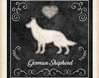 German Shepherd Dog Chalk Art Square Mounted Print by Dan Morris, Add dog name, In memory of dog, Ready to Hang artwork, great gift item