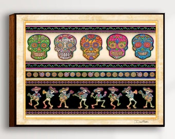 Sugar Skulls Art by Artist Dan Morris titled "Carnivale de los Muertos", Day of the Dead, All Saints Day, Sugar Skull decor,skull decor