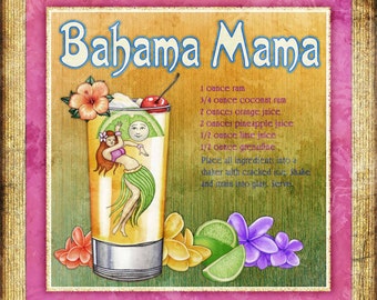 Watercolor Tropical Drink Recipe Art by Artist Dan Morris "Bahama Mama", Choose print size, Option to mount print, bar decor, tiki bar art