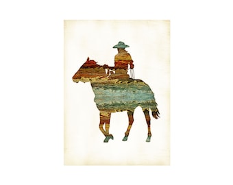 Cowboy Watercolor Silhouette Art Print Signed by Dan Morris, Choose size, Option to mount, ©Dan Morris, cowboy print, western art print