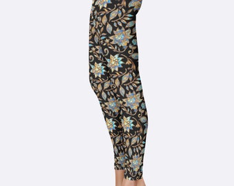 Flowers Super Soft Designer Leggings, Batik Night Blue Floral, Yoga waist, One size fits 0-14, Yoga/Everday/Active wear, ©Dan Morris