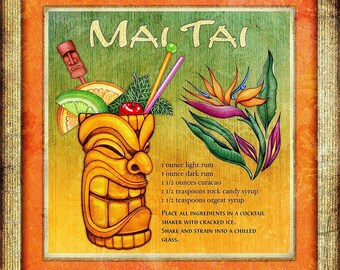 Watercolor Tropical Mai Tai Drink Recipe Square Art Print by Artist Dan Morris, Choose size, Option to mount print, tiki bar art,©Dan Morris