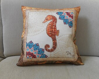 Seahorse Accent Pillow Cover, Decorative Pillow,Seahorse, Coastal Art, 18"x18, Cotton Canvas ,Beach Decor,Coastal decor, ©Dan Morris