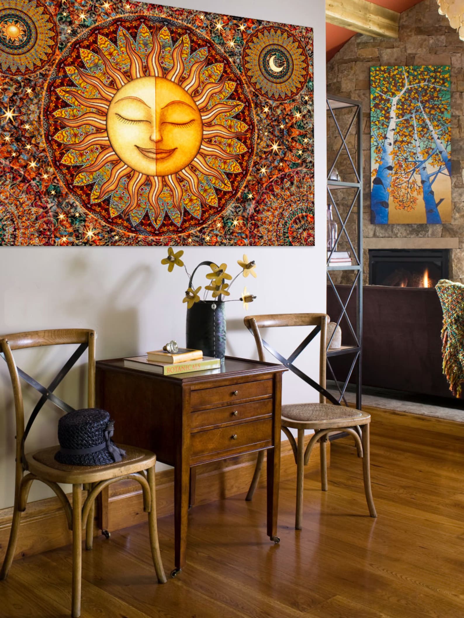 2. Celestial Tapestry: Round Wall Shelf With Moonlit Orb