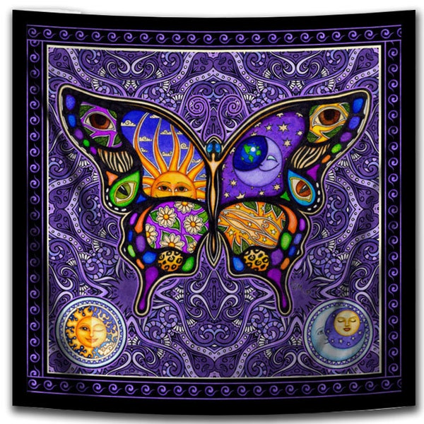 Tapiz, Psychedelic Celestial Butterfly Square Tapestry Wall Hanging de Dan Morris, Night Day Butterfly, tela suave y lavable, ©Dan Morris