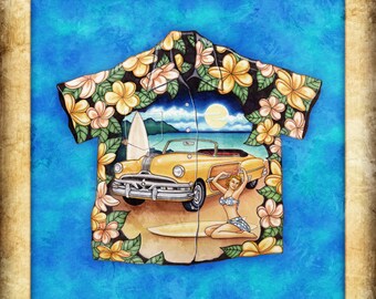 Tiki Bar Watercolor Hawaiin Shirt Art Print by Artist Dan Morris, "Blue Lagoon", Choose size, Option to mount,  tiki bar art, ©Dan Morris