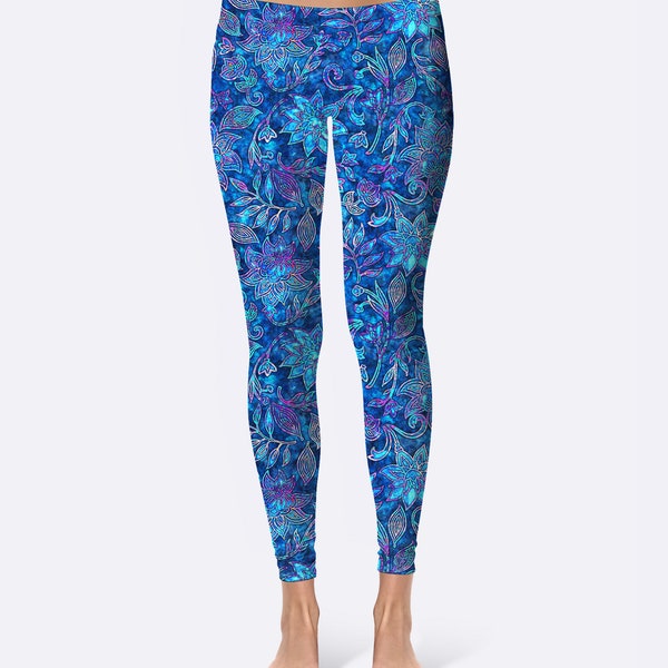 Super Soft Leggings, Batik Electric Blue Floral, Yoga waist, One size fits 0-14, Yoga/Everday/Active wear, Original artwork by Dan Morris
