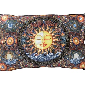 Sunshine Healing Bohemian Sun Pillow Case, Artwork by Dan Morris, Cool Satin Fabric, fits queen pillows, ©Dan Morris, art pillowcase