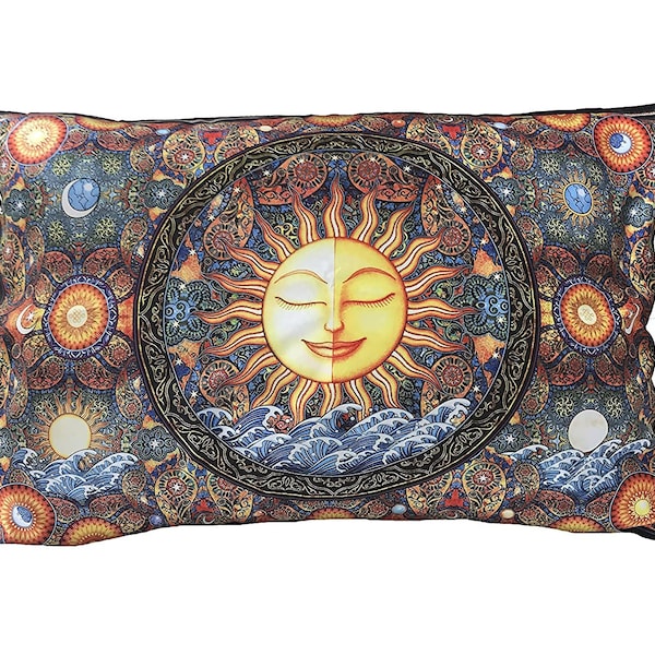 Sunshine Healing Bohemian Sun Pillow Case, Artwork by Dan Morris, Cool Satin Fabric, fits queen pillows, ©Dan Morris, art pillowcase