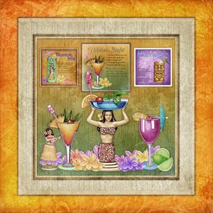 Tiki Bar Tropical Drink Recipes Square Art Print by Artist Dan Morris Belly Up, Choose size, Option to mount, bar decor, ©Dan Morris image 1