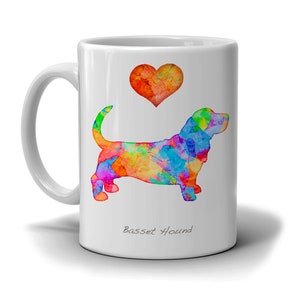 Basset Hound Watercolor Dog Breed Mug by Dan Morris, Custom options, Add dog's name, In Loving Memory, White Mug, Made to order