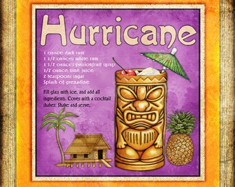 Watercolor Tropical Drink Recipe Square Art Print by Artist Dan Morris "Hurricane", Choose print size, Option to mount print, ©Dan Morris