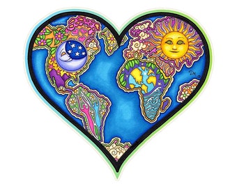 Earth Love Heart Decal by Dan Morris, perfect for any indoor outdoor use,sticker RV, Car,Cooler, ©Dan Morris, Earth Day,Celestial Love