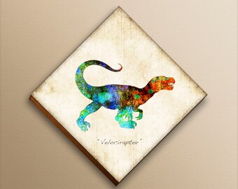 Velociraptor Watercolor Dinosaur Diamond Shaped Print Mounted by Dan Morris, Velociraptor dino print, dinosaur art, ©Dan Morris