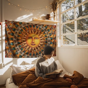 Aurora Sun Tapestry Wall Hanging by Artist Dan Morris, college dorm decor, washable, sun tapestry, multiple sizes, ©Dan Morris