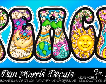 Peace Text Celestial Decal by Dan Morris titled "Peace", hippie decal,bumper sticker, indoor outdoor use, RV, Car,Cooler, ©Dan Morris