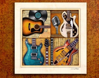 Music Art Print "4 Guitars" by Artist Dan Morris Signed, Choose print size, Option to mount print, gift for musician, music teacher gift