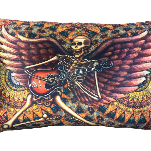 Skeleton with Guitar pillow cover, Rock n roll Pillow Case, Cool Satin Fabric, fits queen pillows, music room, ©Dan Morris
