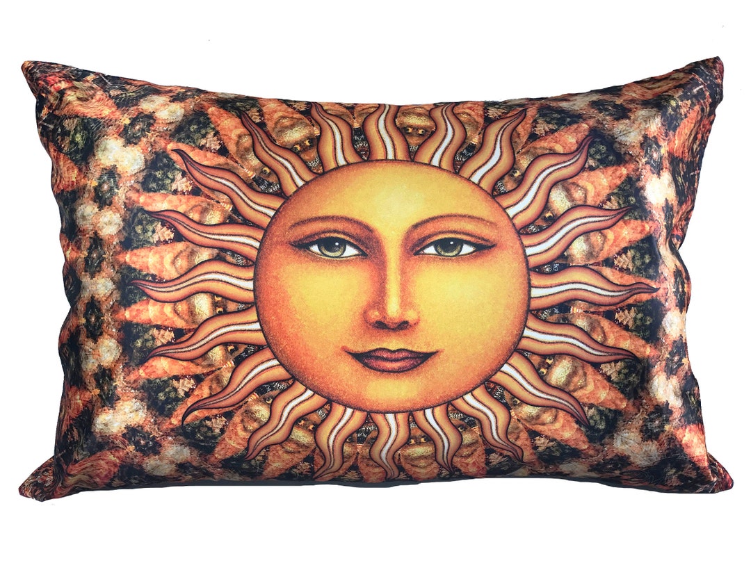 Bohemian Sun Face Pillow Case, Artwork by Dan Morris Aurora, Cool Satin Fabric, Fits Queen