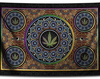 Marijuana Leaf Mandala Tapestry Wall Hanging by Dan Morris, washable, Choose size, ©Dan Morris, dorm room decor, music festival flag