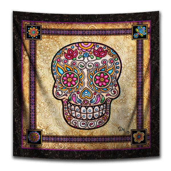 Tapestry, Vintage Dead Head, Sugar Skull, Square Tapestry by Artist Dan Morris, Vintage Sugar Skull, washable fabric, ©Dan Morris