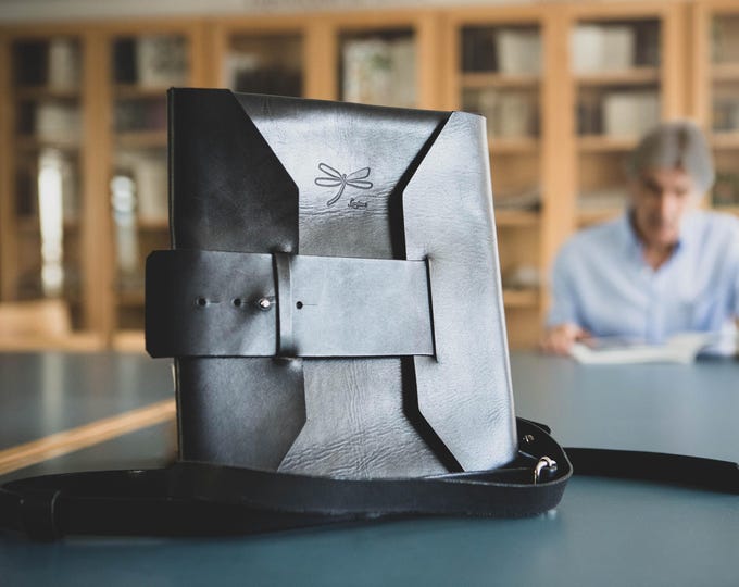 Featured listing image: Black leather laptop sleeve for men, convertible