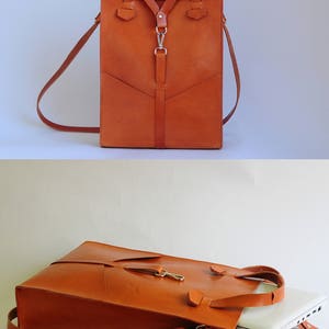 Leather laptop bag. Handbag and removable shoulder strap, with front pockets. Design by Ludena. 画像 3