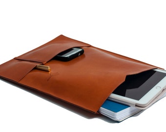 13-inch leather laptop sleeve with two pockets, custom handmade case for iPhone, pens, free shipping