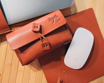 Strong leather Magic Mouse case, customizable, handmade & protective sleeve for Apple Mouse, durable travel-friendly dark leather pouch