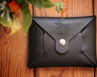 Black leather purse, seamless origami wallet, minimalistic card wallet. Wallet for men or for women.