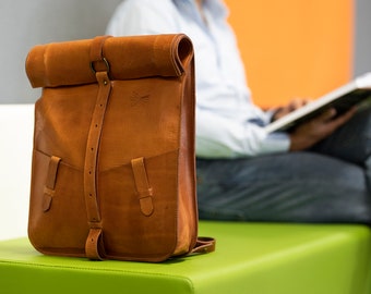 Roll-top leather backpack. Brown leather backpac. Designed by Ludena. Laptop pocket. Hand-made with top quality leather