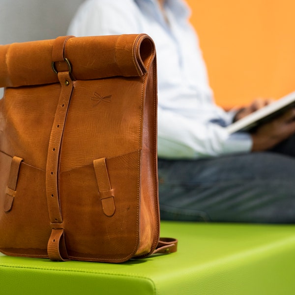 Roll-top leather backpack. Brown leather backpac. Designed by Ludena. Laptop pocket. Hand-made with top quality leather