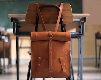 Roll-top Leather backpack. Laptop pocket. Natural leather. Custom made and handmade by Ludena