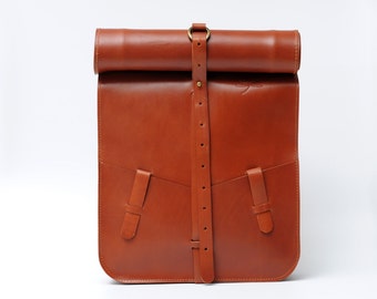 Best brown leather flap backpack for men, adjustable 15 Inch laptop bag with custom options.