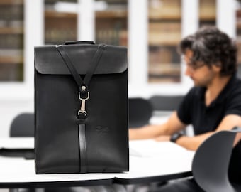 Black leather laptop backpack for men, City leather backpack for day work, Leather laptop bag best dad gift, Minimalist laptop backpack