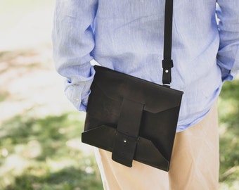 Leather laptop bag, Black leather laptop case or tablet bag, Minimal laptop sleeve bag, iPad air leather case,  cross body bag gift for men