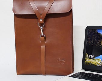 Brown leather laptop backpack for men, minimalist