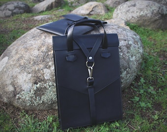 Set leather laptop backpack and case. Handmade.